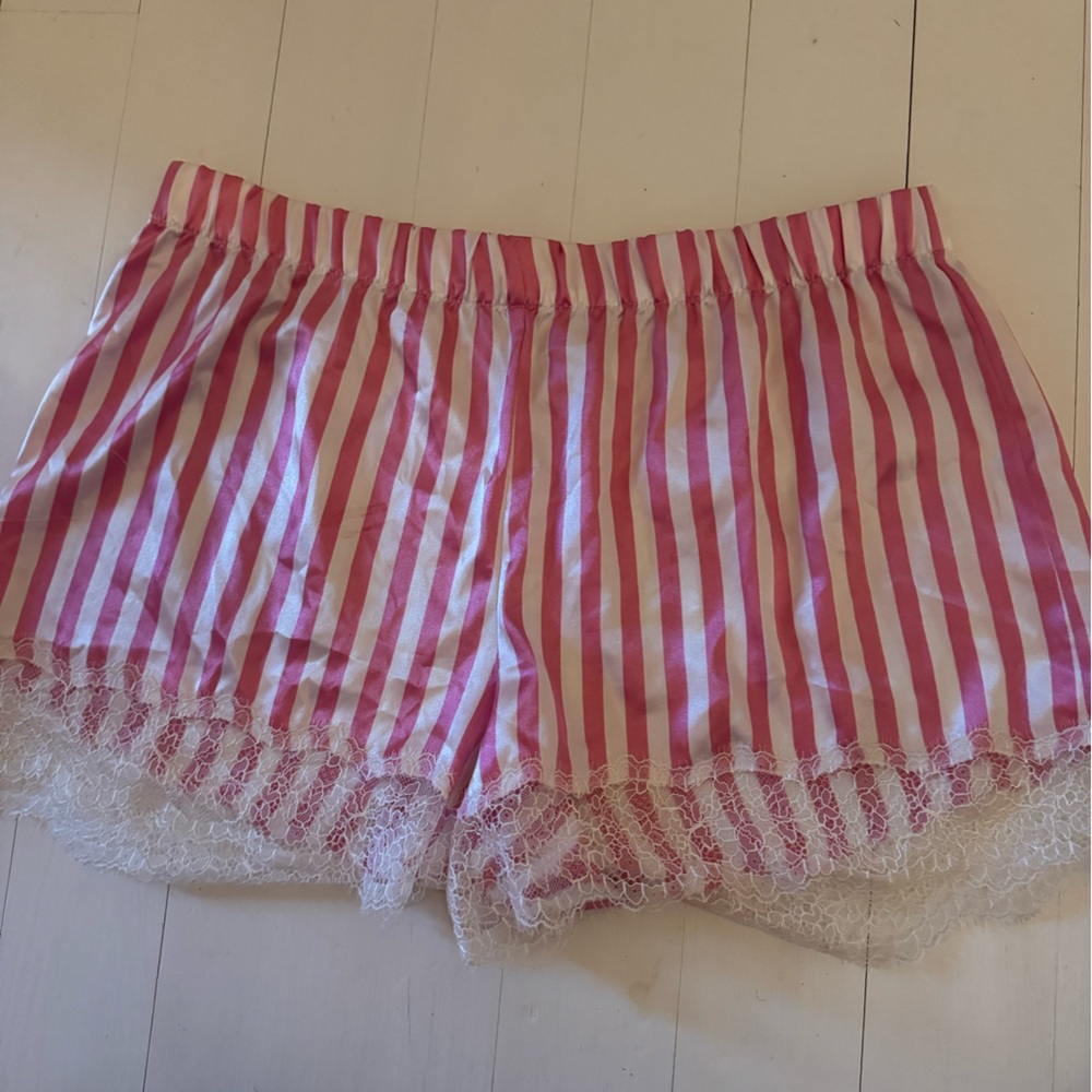 Victoria's Secret Pink & White Striped High-Waist Lace-Trim Shorts